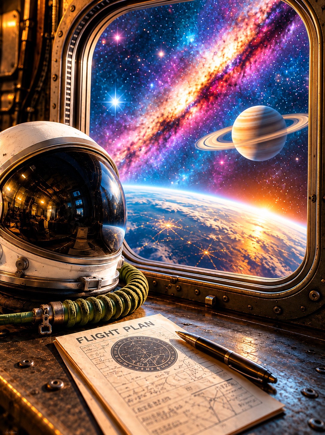 Earth and Saturn against the Milky Way seen from a spacecraft window, with an astronaut helmet and a flight plan below